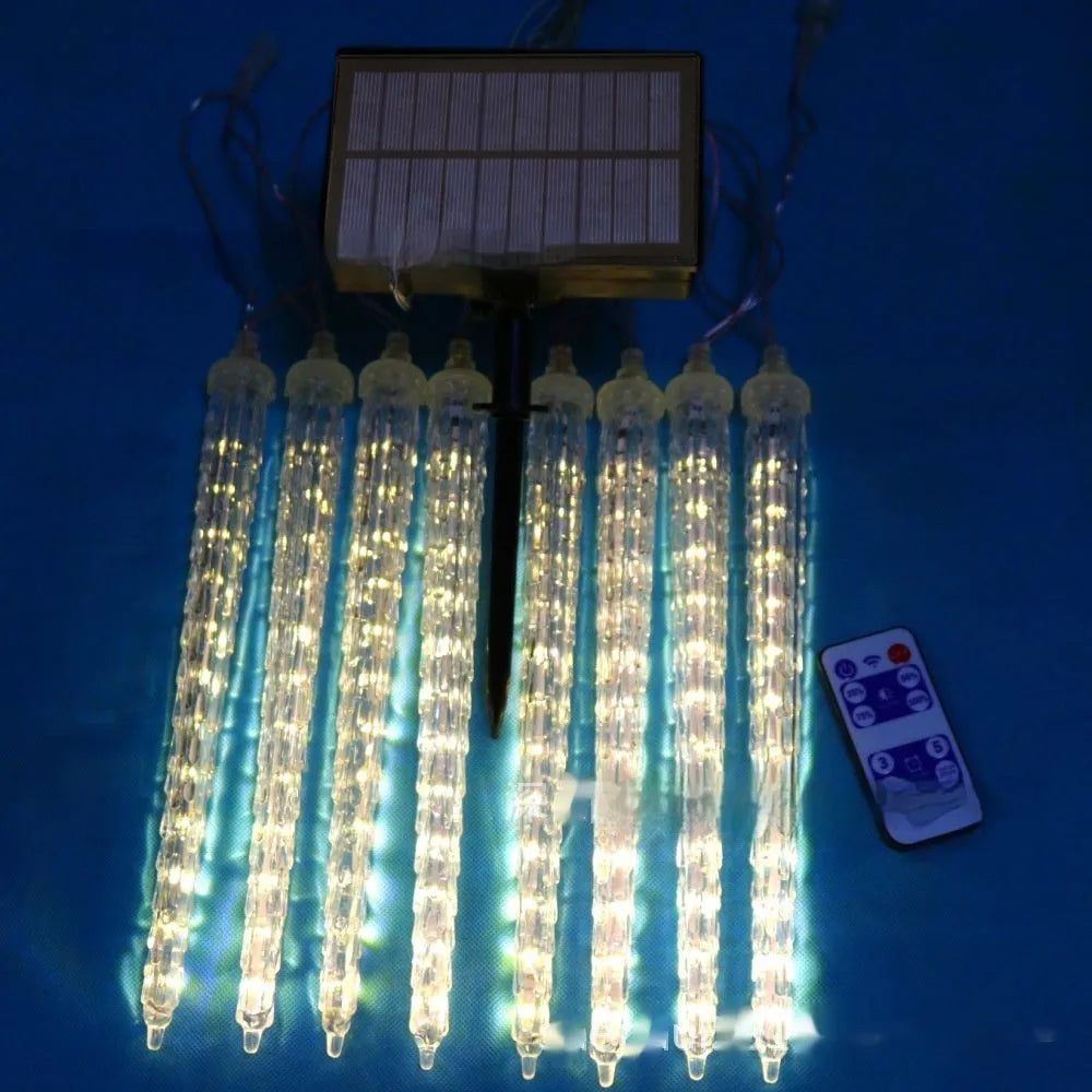 LED ice cone shaped meteor shower solar Christmas ornamental festoon lamp with flower design