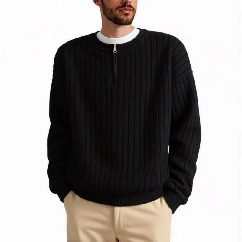 Men's grey half-zip textured knit pullover sweater with loose fit and long sleeves