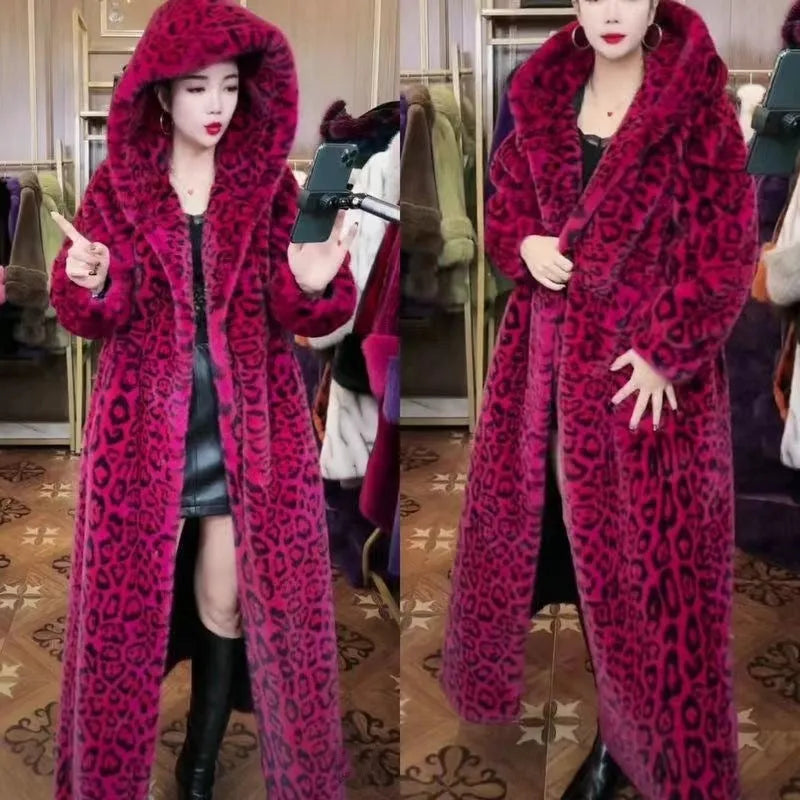 Long plus size brown leopard print faux fur coat for women on a hanger