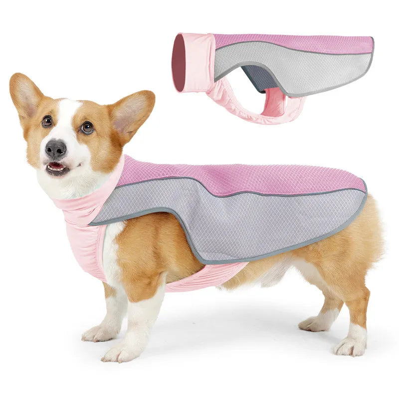 Polyester dog cooling vest in light grey colour on canine model