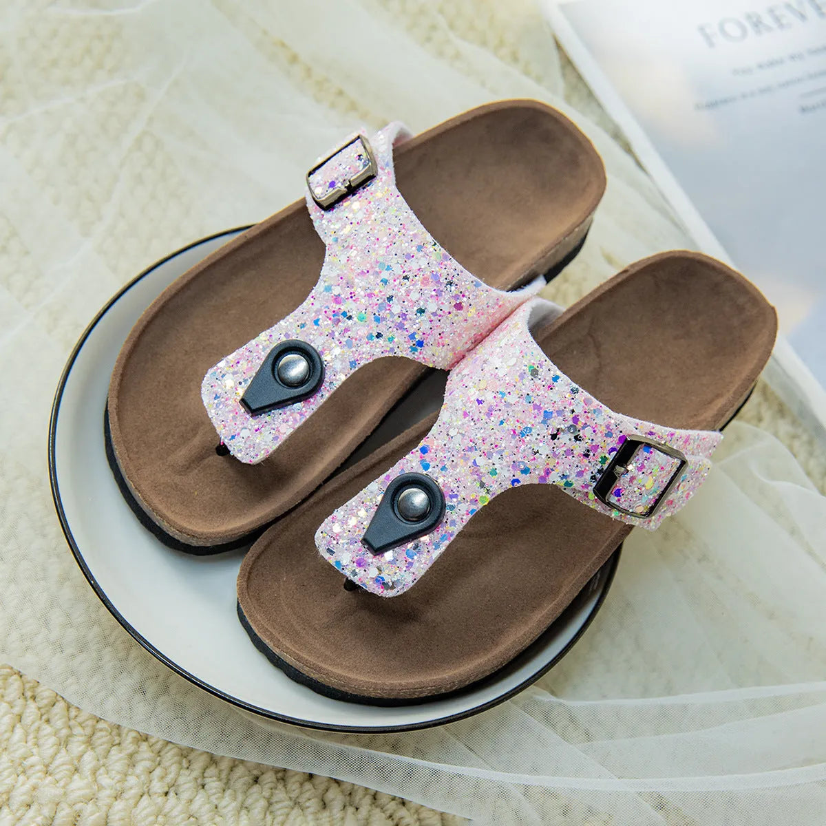 Cork flip-flops with frosted artificial leather upper and PVC sole in pink, silver, or gold colours