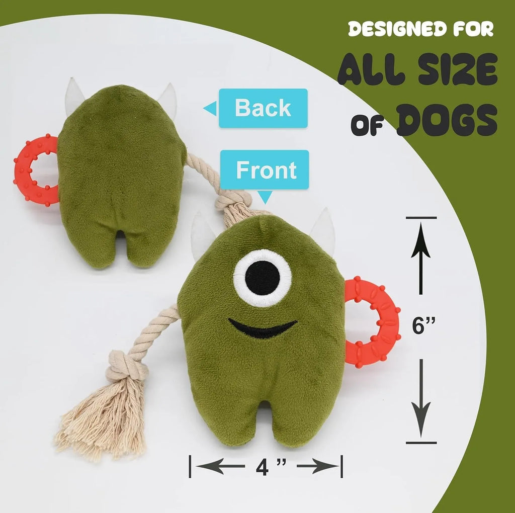 Blue and green plush dog toy with cotton rope segments and squeaker for chewing and tugging