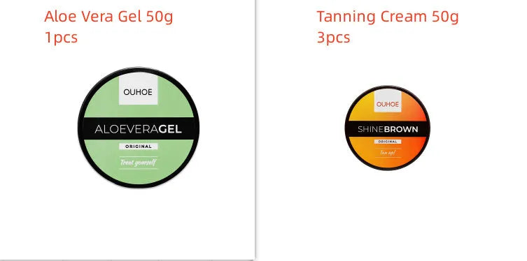 Tanning cream and aloe vera gel set for sunbed or beach tanning with after sun relief