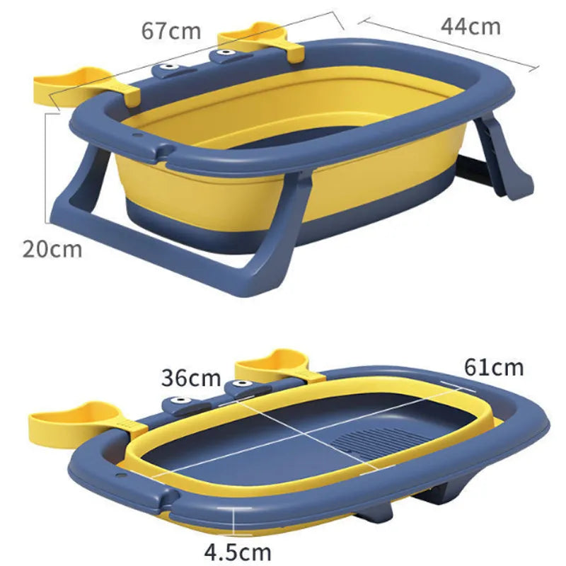 Blue foldable portable pet tub set up for washing a small dog, showing its collapsible metal frame.