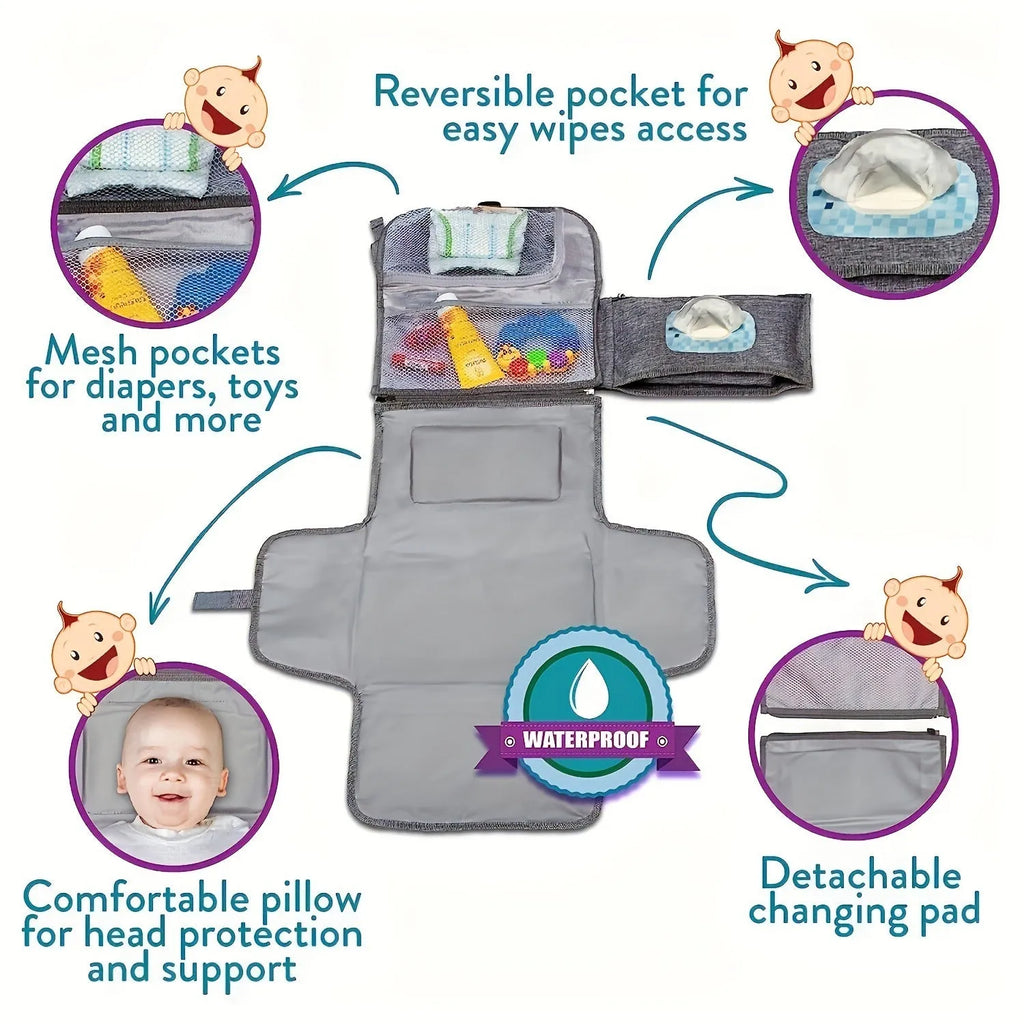 Portable waterproof baby change pilch with Oxford fabric and PEVA lining in grey