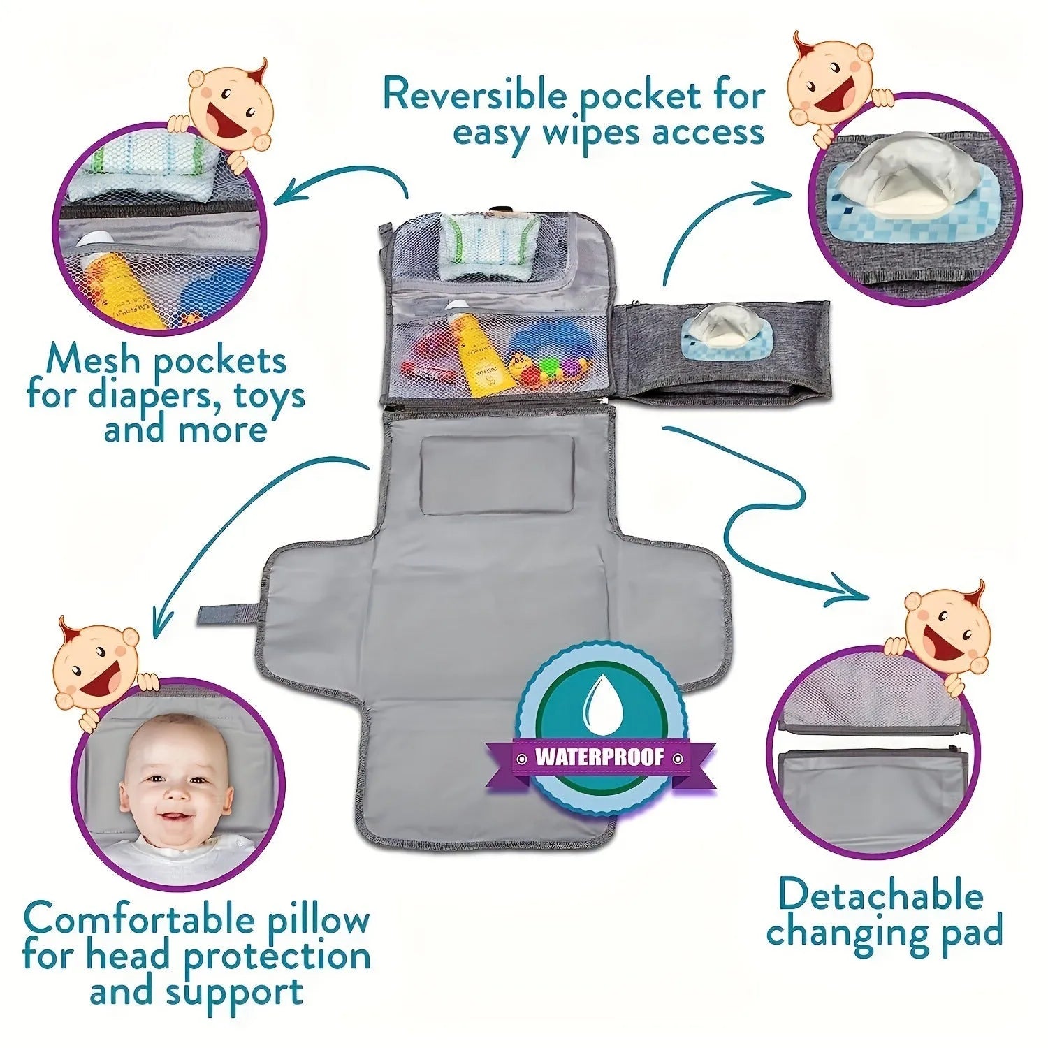 Portable waterproof baby change pilch with Oxford fabric and PEVA lining in grey