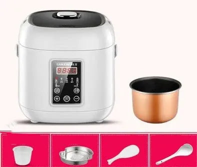 Compact round mini rice cooker with steaming pan and non-stick inner pot for 1-2 people