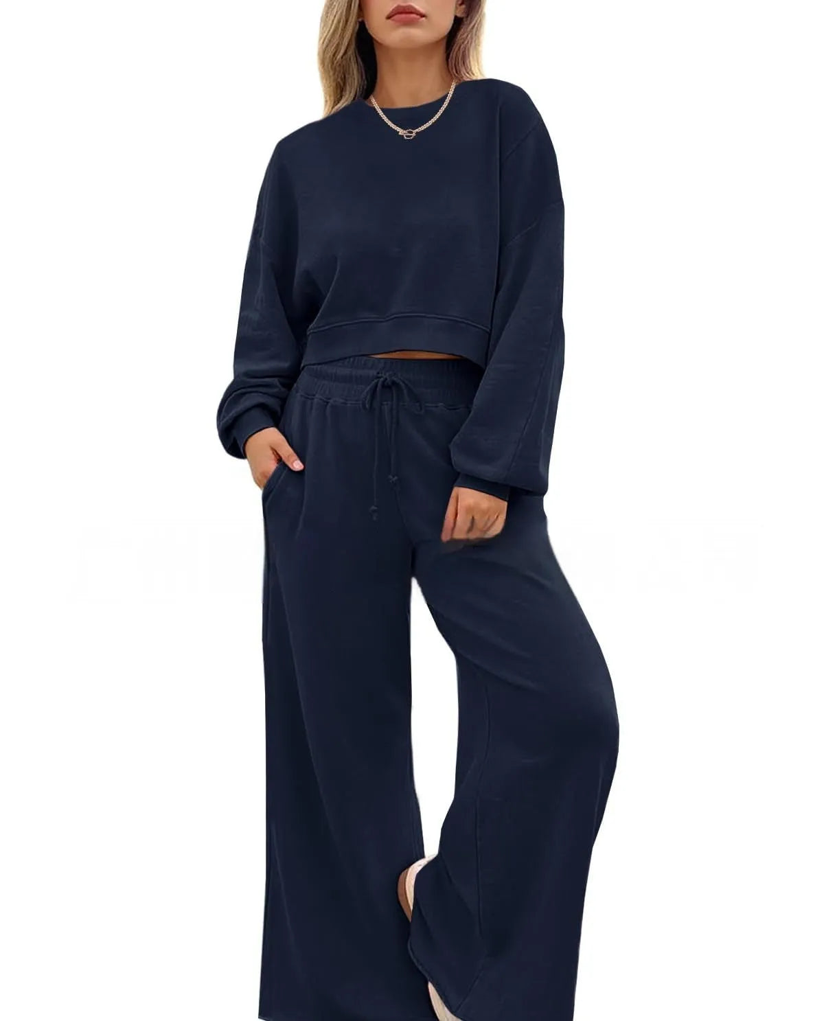 Women's solid colour polyester trousers two-piece set with long sleeves