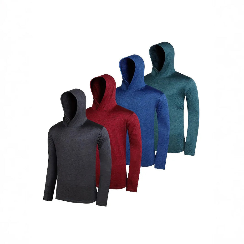 Four men's lightweight polyester hoodies folded together, showcasing elastic fabric and available colour options.
