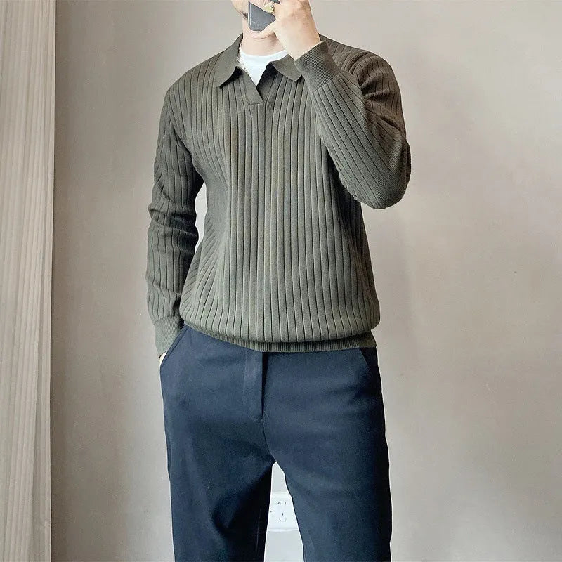 Men's grey striped knitted sweater with a lapel collar, shown in a loose fit.