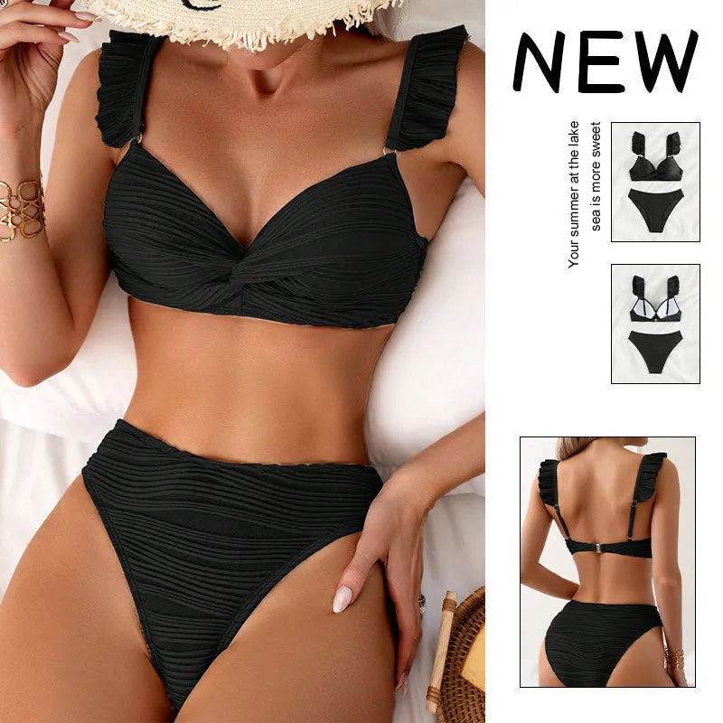 Solid colour women's bikini swimsuit in black or khaki with polyester construction