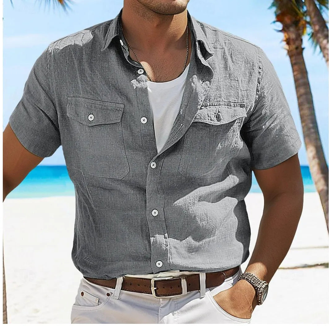 Men's linen summer shirt in cotton fabric with polo collar and long sleeves in solid colours