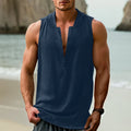 Casual men's sleeveless shirt in cotton linen blend on a hanger.