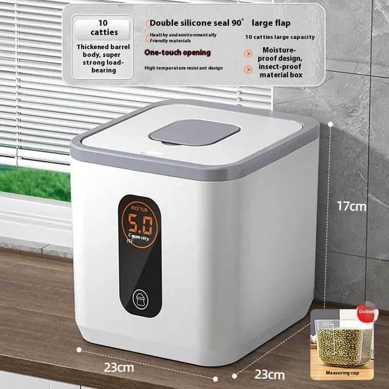 Grey plastic sealed rice storage jar with lid and measuring cup in 10kg, 20kg, or 30kg sizes.