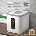 Grey plastic sealed rice storage jar with lid and measuring cup in 10kg, 20kg, or 30kg sizes.