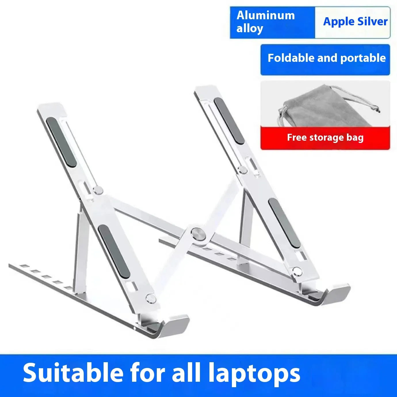 N3 aluminium alloy folding laptop stand in silver colour showing 16-18 inch size with cloth storage bag