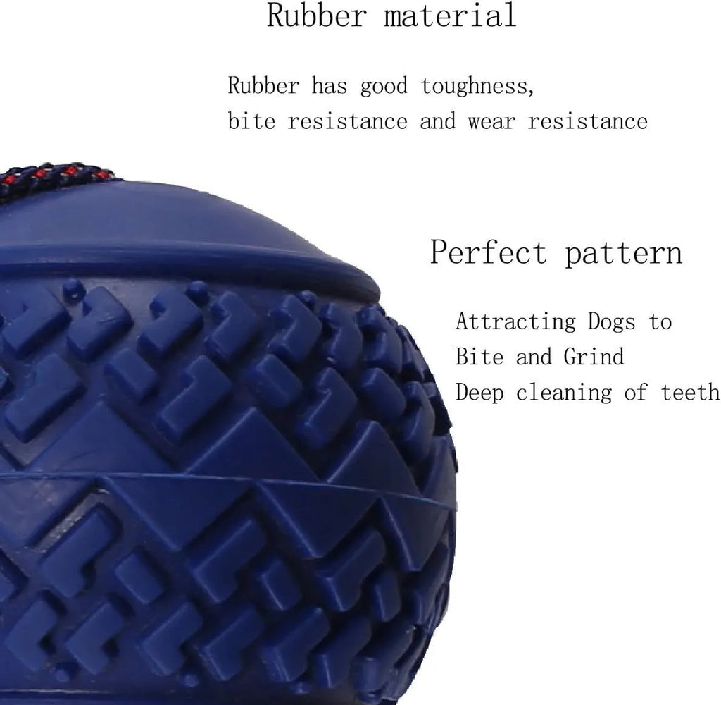 Blue rubber dog ball with rope handle for tug-of-war and teeth cleaning
