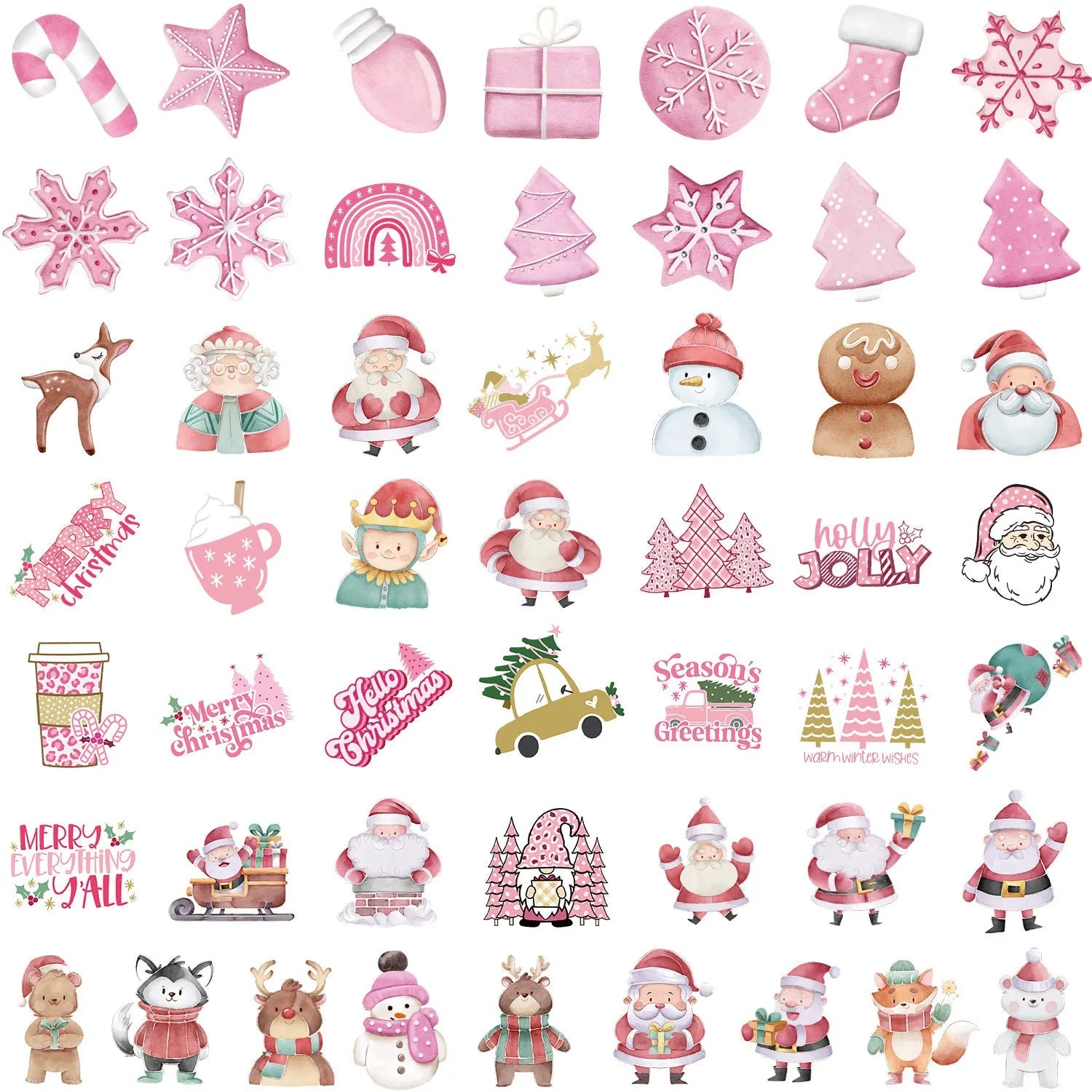 Pack of 50 cute Christmas-themed waterproof stickers in sizes from 4cm to 8cm.
