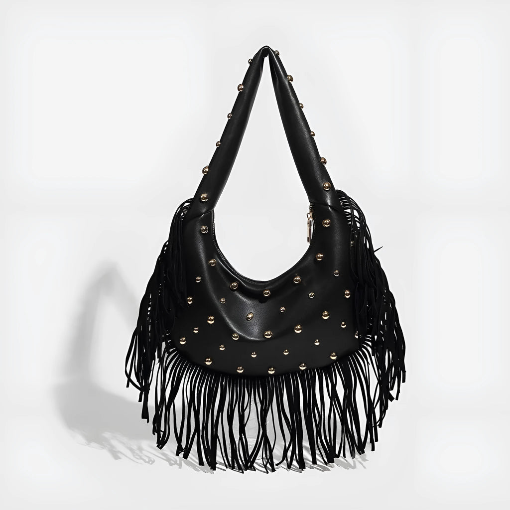 Retro black shoulder handbag with tassel detailing and mobile phone compartment