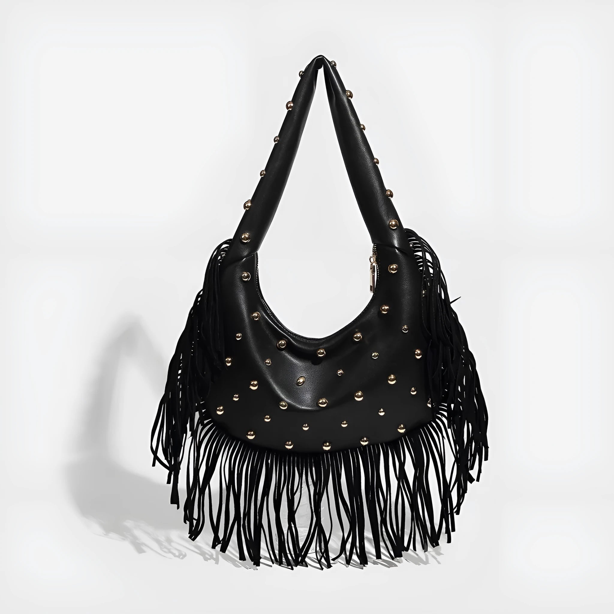 Retro black shoulder handbag with tassel detailing and mobile phone compartment