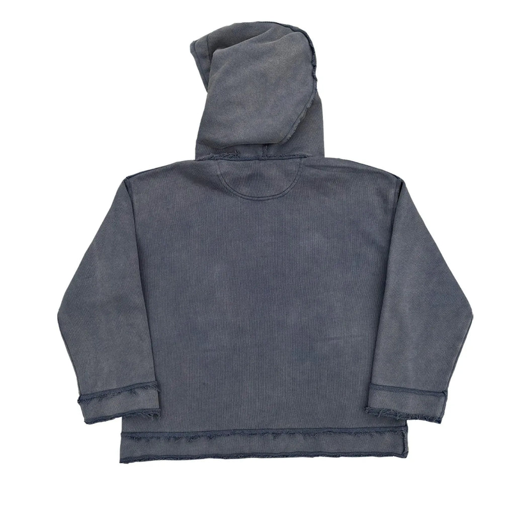 Dark blue hooded sweater with kangaroo pocket and raglan sleeves in medium size