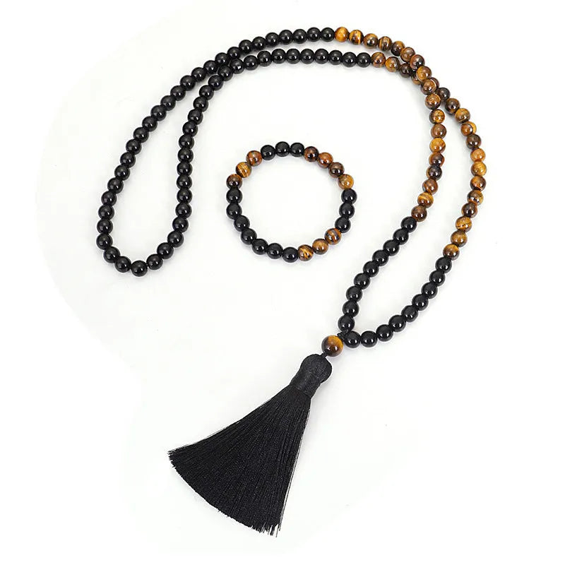 Tiger eye stone tassel necklace with drop-shaped pendant on ball bead chain