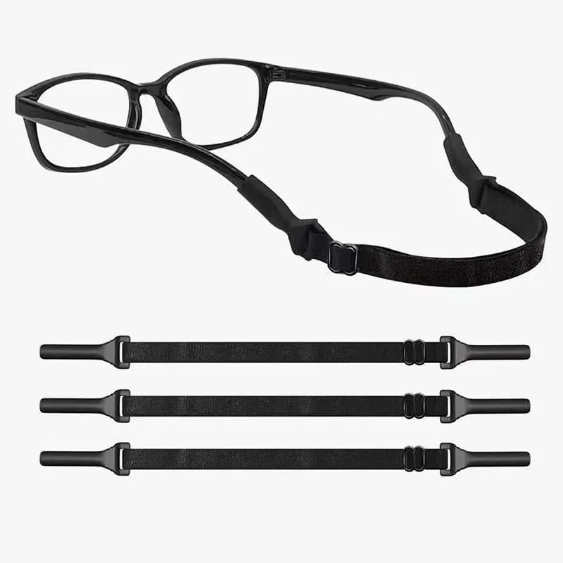 Black adjustable glasses cord with silicone earpiece ends on eyewear