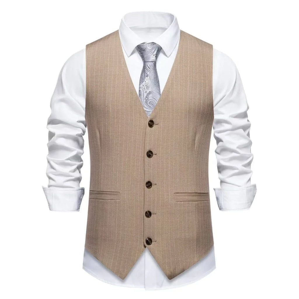 Men's striped formal suit vest with V-neck and pocket detail