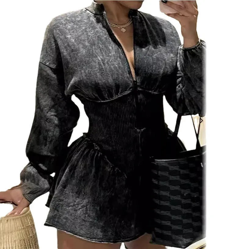 Grey digital print women's dress with drawstring waist and long sleeves on Asian model