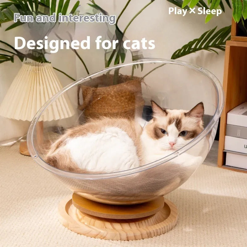 Transparent acrylic space capsule-shaped cat bed or enclosure on a turntable base.