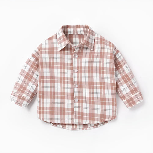 Boys cotton lattice shirt with animal pattern in khaki, blue, pink, or yellow