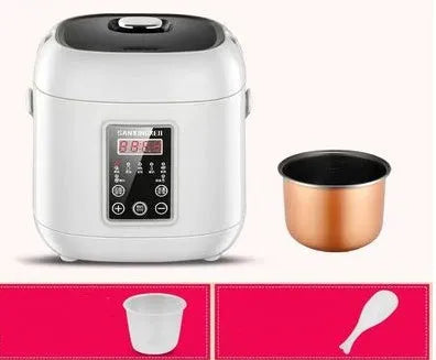 Compact round mini rice cooker with steaming pan and non-stick inner pot for 1-2 people