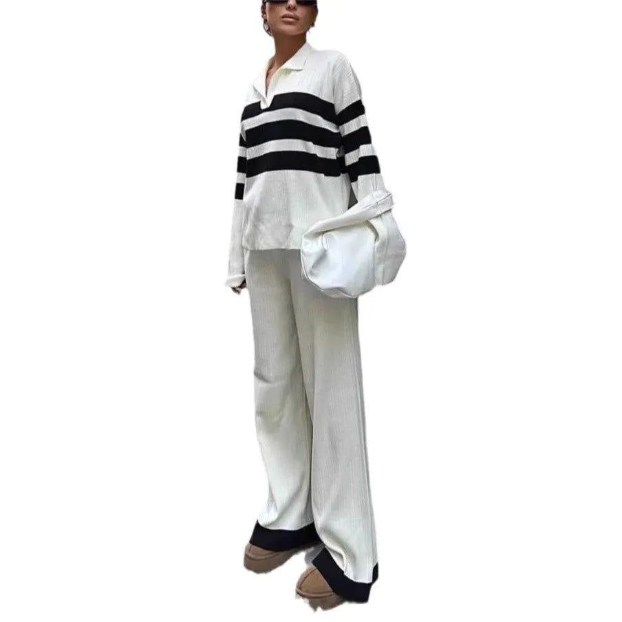 Women's black and white striped polo collar knitted two-piece set with matching trousers