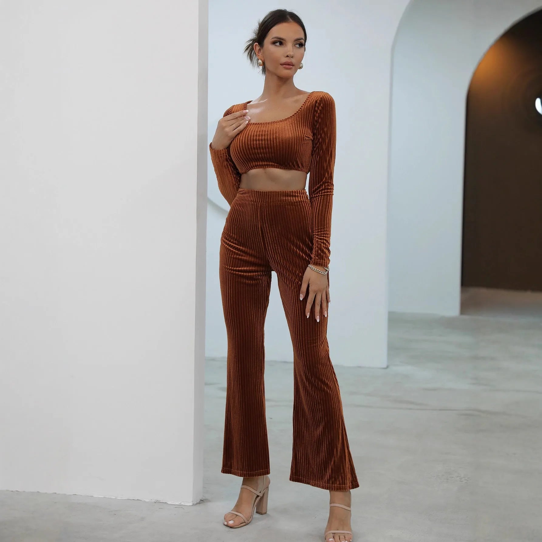 Caramel coloured long sleeve casual sweater set with matching trousers
