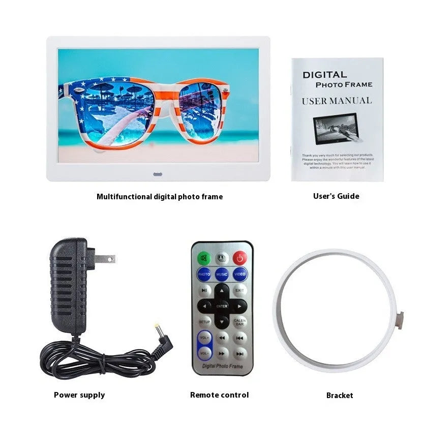 10 inch IPS digital photo frame in black with bracket showing a picture on screen