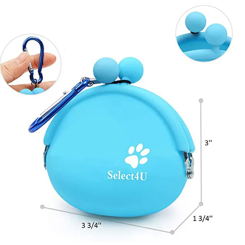 Yellow silicone dog treat pouch with hook and loop strap, shown on a waistband.