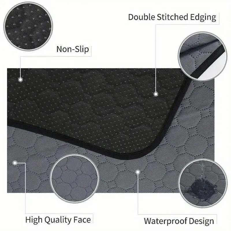 Grey and khaki washable waterproof dog pee pad on a wooden floor next to a pet crate.
