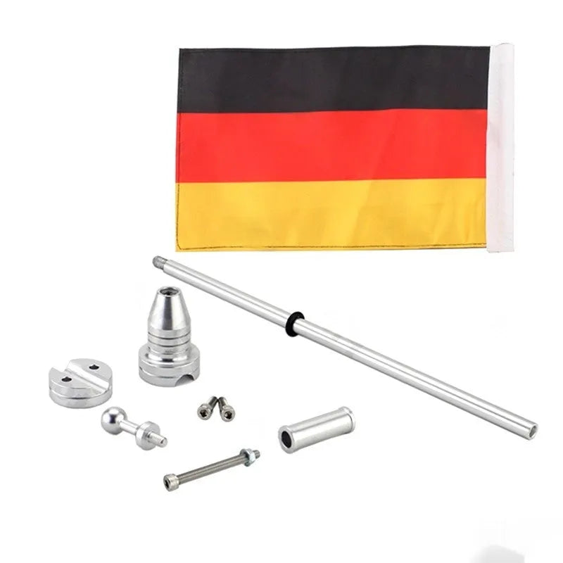 Black and silver motorcycle luggage rack flagpole for side boxes and panniers.