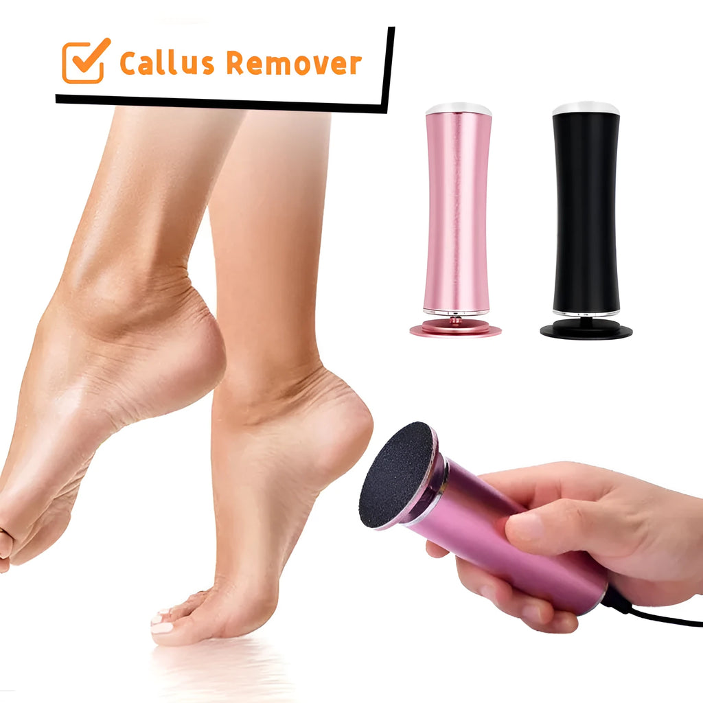 Electric foot callus remover with sandpaper disc attached for removing dead skin and calluses from heels