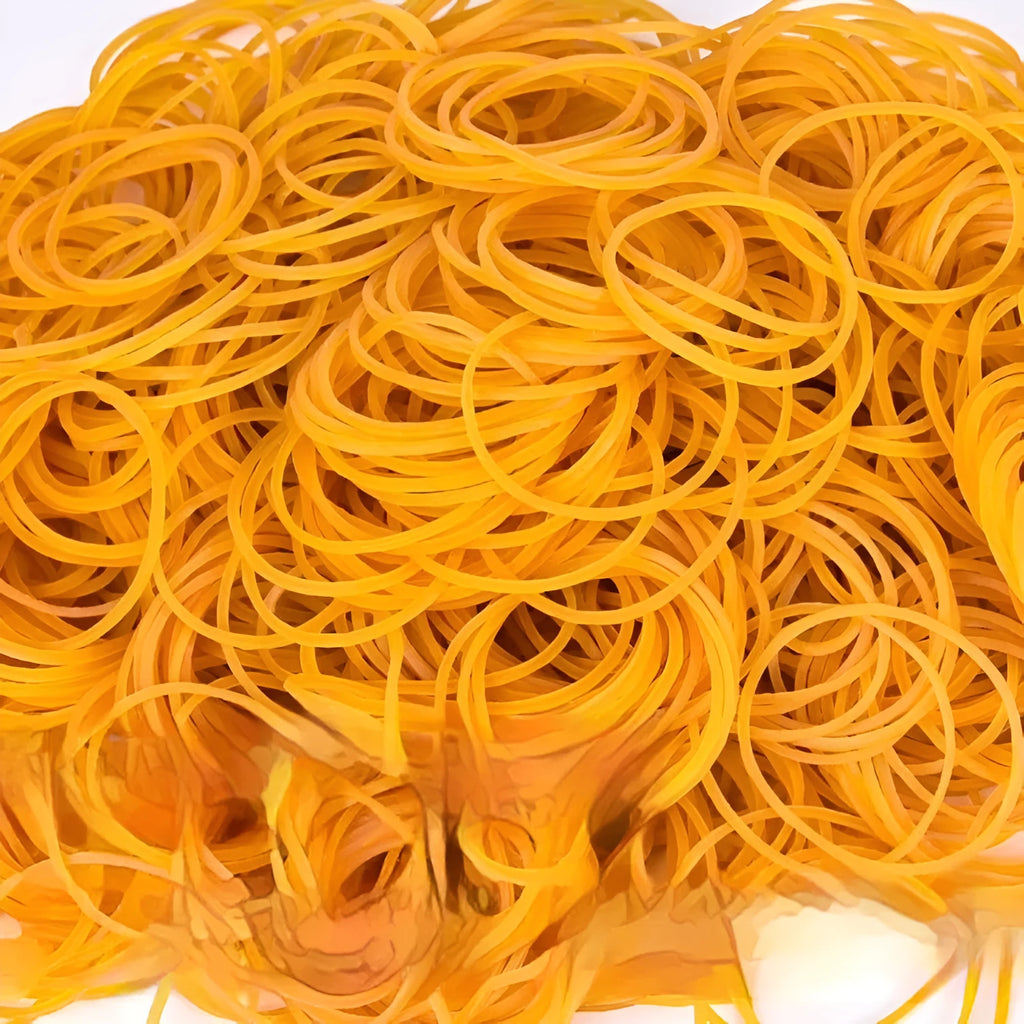 Bulk pack of yellow rubber bands in various sizes including 16mm, 25mm, and 50mm diameters on white background
