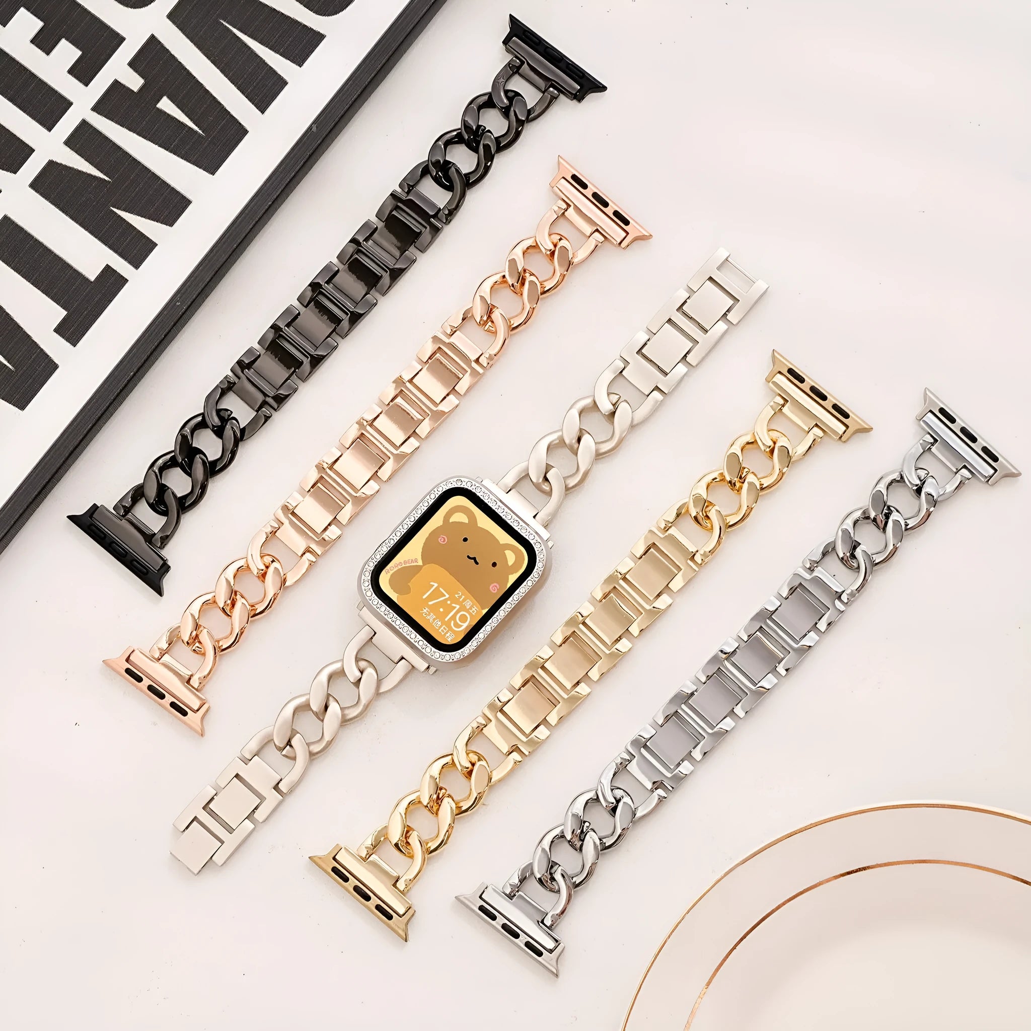 Metal denim chain Apple Watch replacement strap in silver, black, gold, rose gold, and Starlight colours for 38-49mm cases