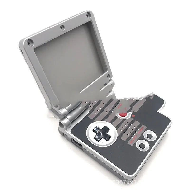 Transparent NES style replacement shell for Nintendo Game Boy Advance SP console showing grey colour and internal circuit board visible