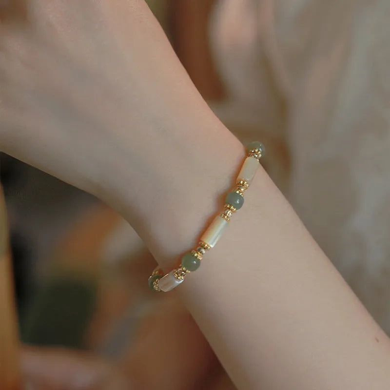 Handmade Hetian Jade white lip shell bracelet with round natural jade beads in geometric style