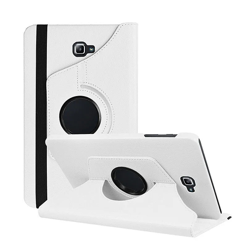 Rotating leather case for T-series tablet showing multiple viewing angles and colour options