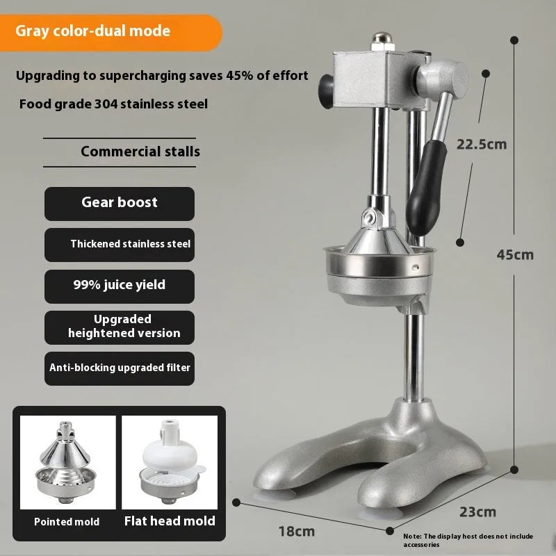 Vertical stainless steel manual juicer with zinc alloy frame in multiple colour options