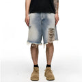 Men's light blue baggy denim shorts with wide leg and retro washed finish on a mid waist.