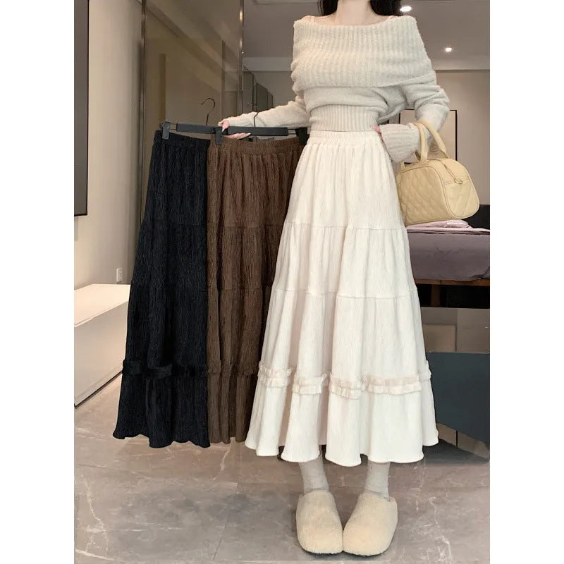 Women's solid colour corduroy A-line midi skirt with elastic waistband in milky white