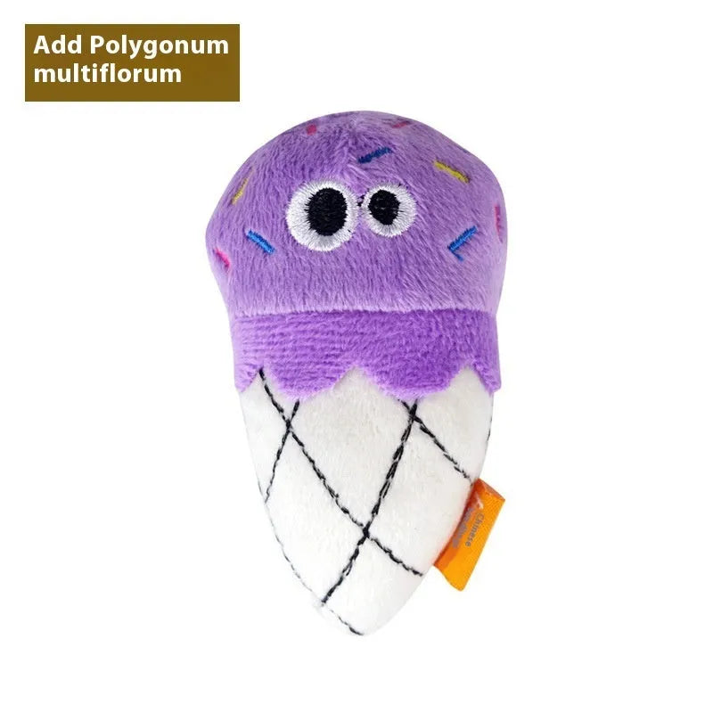 Six catnip plush pillow toys in burrito, cone, cucumber, mushroom, pineapple, and pizza styles