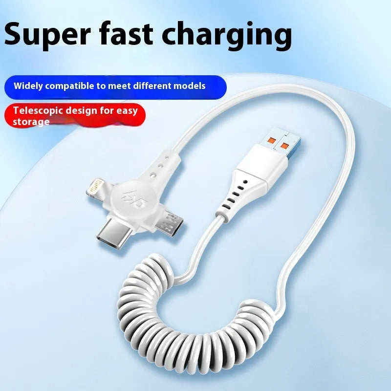 Three-in-one retractable TPE data cable with Type-C, Lightning, and Micro USB connectors in black, 1.5 metres