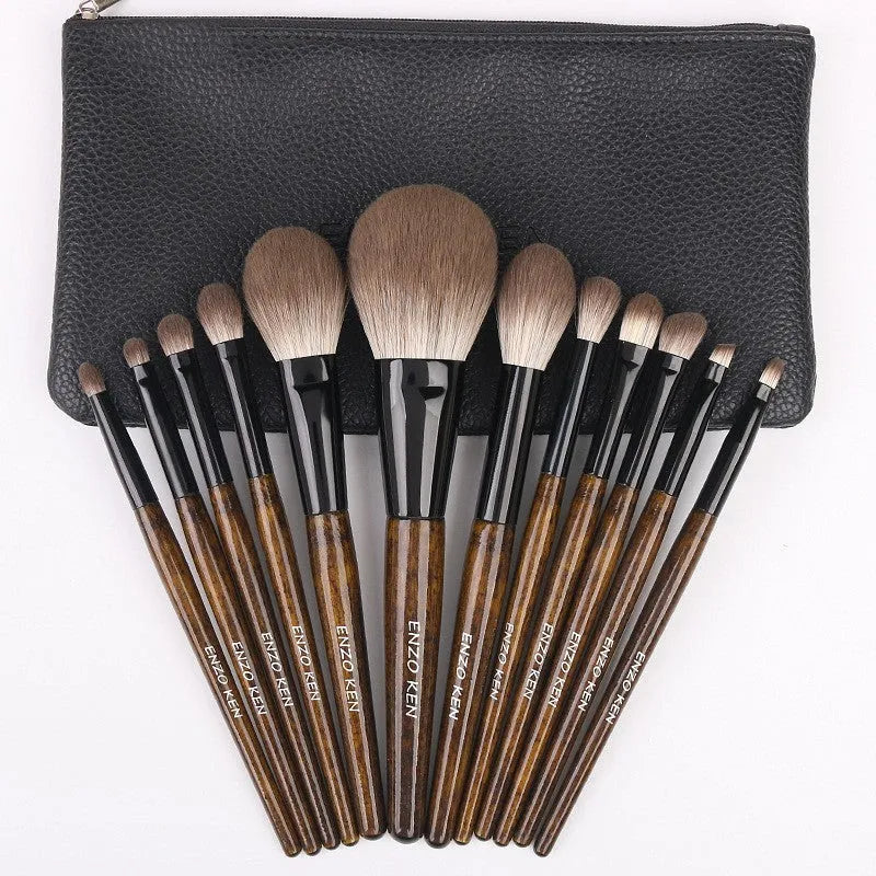 12-piece makeup brush set with wooden handles in PU storage roll